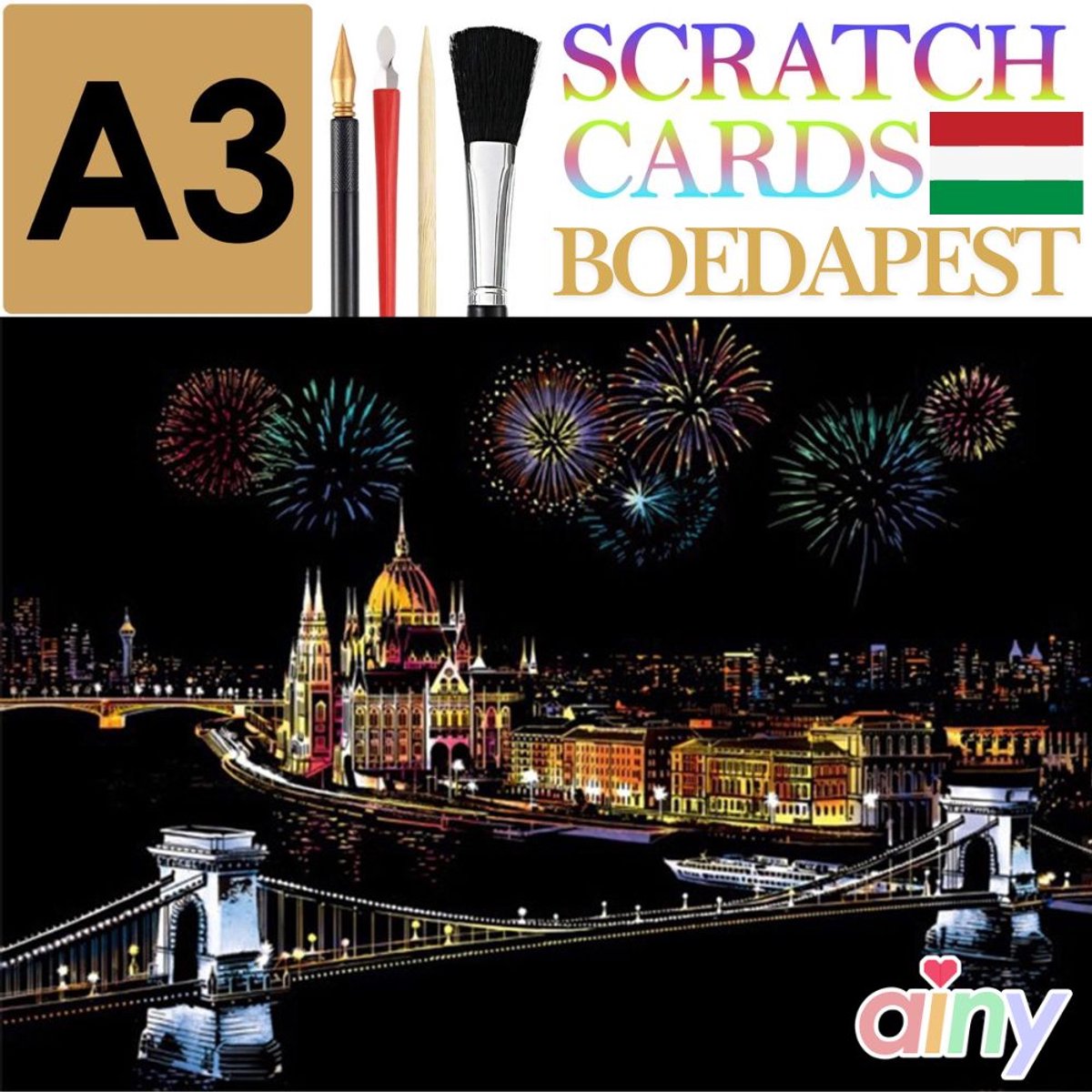 Ainy - Scratch Art Boedapest (A3) | DIY kras tekeningen incl. gereedschapen | Schilderen op kleuren kunst kraskaart | hobby & creatief voor volwassenen en kinderen ( meisjes ) | Knutselen - ontspanningspakket | Schilderijen set nummer 12